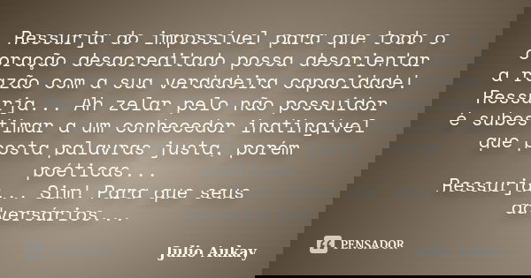 Ressurja do impossível para que todo o coração desacreditado possa desorientar a razão com a sua verdadeira capacidade! Ressurja... Ah zelar pelo não possuidor ... Frase de Julio Aukay.