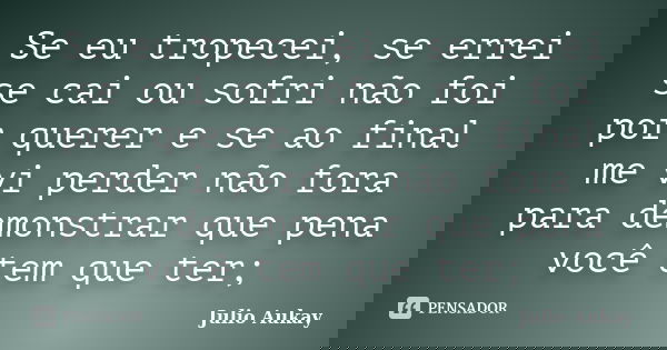 Se eu tropecei, se errei se cai ou sofri não foi por querer e se ao final me vi perder não fora para demonstrar que pena você tem que ter;... Frase de Julio Aukay.