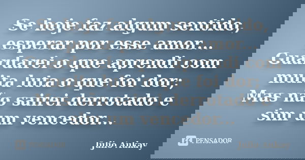 Se hoje faz algum sentido, esperar por esse amor... Guardarei o que aprendi com muita luta o que foi dor; Mas não sairei derrotado e sim um vencedor...... Frase de Julio Aukay.