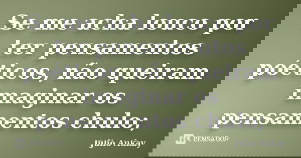 Se me acha louco por ter pensamentos poéticos, não queiram imaginar os pensamentos chulo;... Frase de Julio Aukay.
