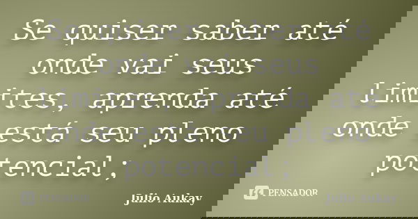 Se quiser saber até onde vai seus limites, aprenda até onde está seu pleno potencial;... Frase de Julio Aukay.