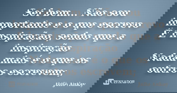 Sei bem... Não sou importante e o que escrevo É inspiração, sendo que a inspiração Nada mais é o que os outros escrevem;... Frase de Julio Aukay.