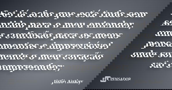 Sei lá acho que está tudo sem sentido para o meu entender, uma confusão para os meus pensamentos e imprevisível onde somente o meu coração vai compreender;... Frase de Julio Aukay.