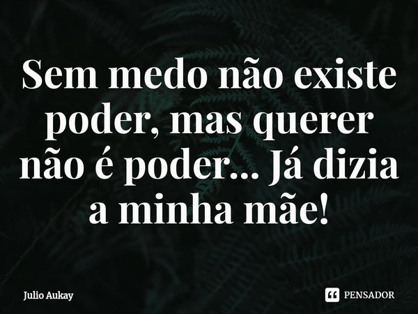 ⁠Sem medo não existe poder, mas querer não é poder... Já dizia a minha mãe!... Frase de Julio Aukay.