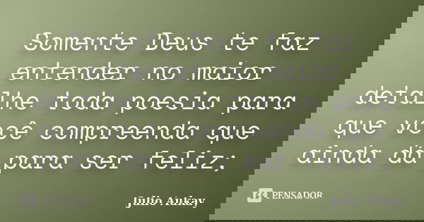 Somente Deus te faz entender no maior detalhe toda poesia para que você compreenda que ainda dá para ser feliz;... Frase de Julio Aukay.