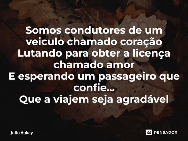 ⁠Somos condutores de um veiculo chamado coração Lutando para obter a licença chamado amor E esperando um passageiro que confie... Que a viajem seja agradável... Frase de Julio Aukay.