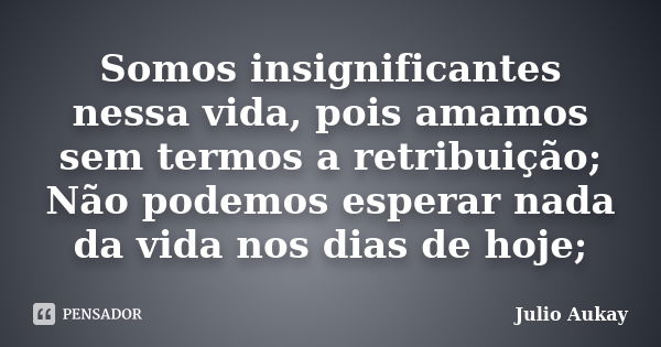 Somos insignificantes nessa vida, pois amamos sem termos a retribuição; Não podemos esperar nada da vida nos dias de hoje;... Frase de Julio Aukay.