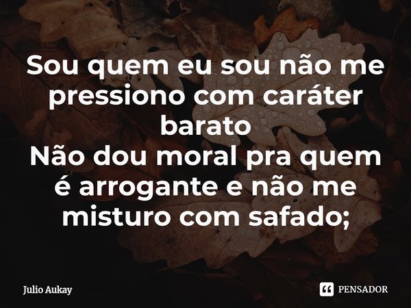 ⁠Sou quem eu sou não me pressiono com caráter barato
Não dou moral pra quem é arrogante e não me misturo com safado;... Frase de Julio Aukay.