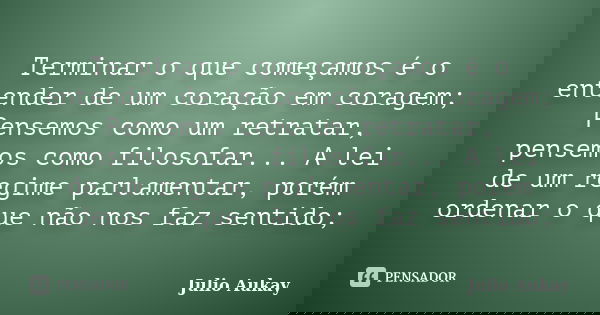 Terminar o que começamos é o entender de um coração em coragem; Pensemos como um retratar, pensemos como filosofar... A lei de um regime parlamentar, porém orde... Frase de Julio Aukay.