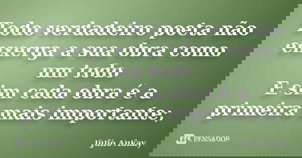 Todo verdadeiro poeta não enxerga a sua obra como um todo E sim cada obra é a primeira mais importante;... Frase de Julio Aukay.