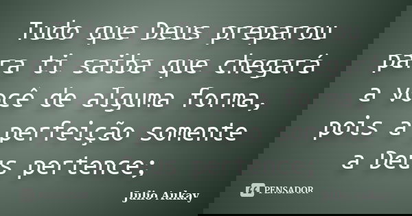Tudo que Deus preparou para ti saiba que chegará a você de alguma forma, pois a perfeição somente a Deus pertence;... Frase de Julio Aukay.