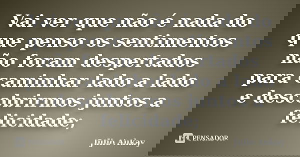 Vai ver que não é nada do que penso os sentimentos não foram despertados para caminhar lado a lado e descobrirmos juntos a felicidade;... Frase de Julio Aukay.