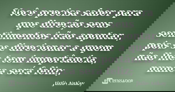 Você precisa saber para que direção seus sentimentos irão apontar, pois se direcionar a quem não lhe tem importância, nunca será feliz;... Frase de Julio Aukay.