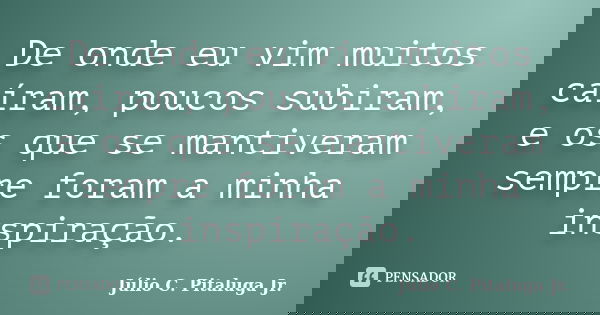 De onde eu vim muitos caíram, poucos subiram, e os que se mantiveram sempre foram a minha inspiração.... Frase de Júlio C. Pitaluga Jr..