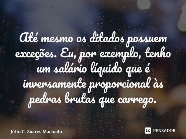 ⁠Até mesmo os ditados possuem exceções. Eu, por exemplo, tenho um salário líquido que é inversamente proporcional às pedras brutas que carrego.... Frase de JÚLIO C. SOARES MACHADO.