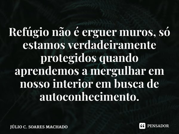⁠Refúgio não é erguer muros, só estamos verdadeiramente protegidos quando aprendemos a mergulhar em nosso interior em busca de autoconhecimento.... Frase de JÚLIO C. SOARES MACHADO.