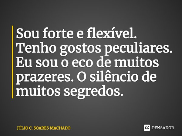 ⁠Sou forte e flexível. Tenho gostos peculiares. Eu sou o eco de muitos prazeres. O silêncio de muitos segredos.... Frase de JÚLIO C. SOARES MACHADO.