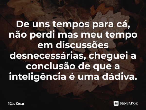 ⁠De uns tempos para cá, não perdi mas meu tempo em discussões desnecessárias, cheguei a conclusão de que a inteligência é uma dádiva.... Frase de Júlio César.