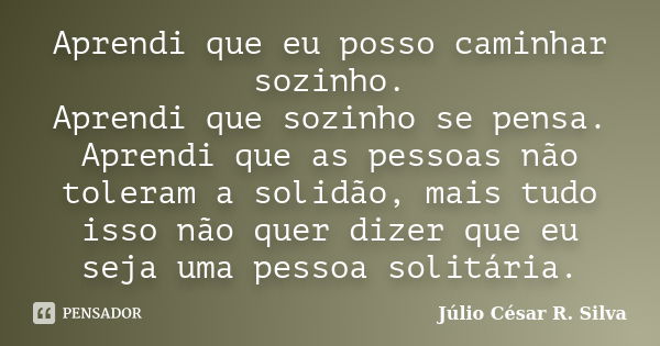 Aprendi que eu posso caminhar sozinho. Aprendi que sozinho se pensa. Aprendi que as pessoas não toleram a solidão, mais tudo isso não quer dizer que eu seja uma... Frase de Júlio César R. Silva.