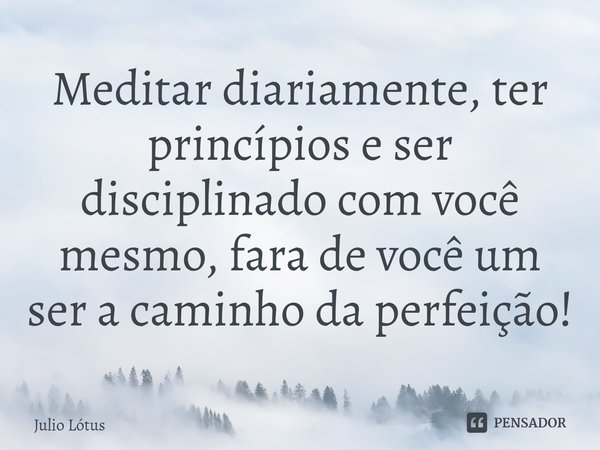 ⁠Meditar diariamente, ter princípios e ser disciplinado com você mesmo, fara de você um ser a caminho da perfeição!... Frase de Julio Lótus.