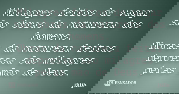 Milagres feitos de vagar são obras da natureza dos homens. Obras da natureza feitas depressa são milagres pelas mão de Deus.... Frase de Júlio.