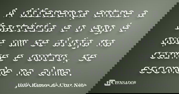 A diferença entre a bactéria e o ego é que um se aloja na carne e outro, se esconde na alma.... Frase de Julio Ramos da Cruz Neto.
