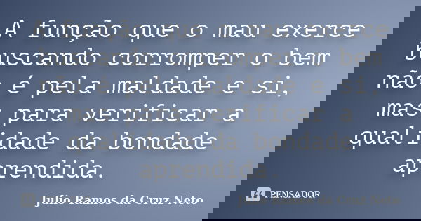 A função que o mau exerce buscando corromper o bem não é pela maldade e si, mas para verificar a qualidade da bondade aprendida.... Frase de Julio Ramos da Cruz Neto.