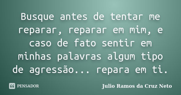 Busque antes de tentar me reparar, reparar em mim, e caso de fato sentir em minhas palavras algum tipo de agressão... repara em ti.... Frase de Julio Ramos da Cruz Neto.