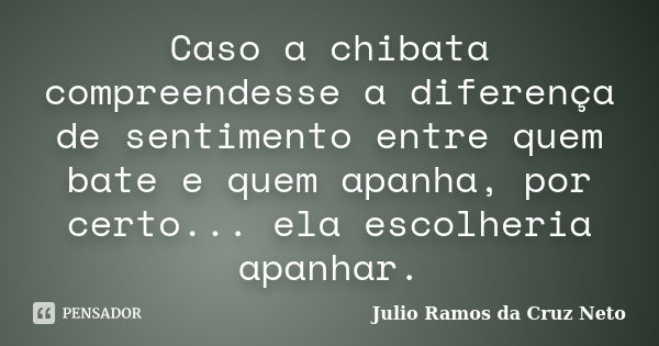 Caso a chibata compreendesse a diferença de sentimento entre quem bate e quem apanha, por certo... ela escolheria apanhar.... Frase de Julio Ramos da Cruz Neto.