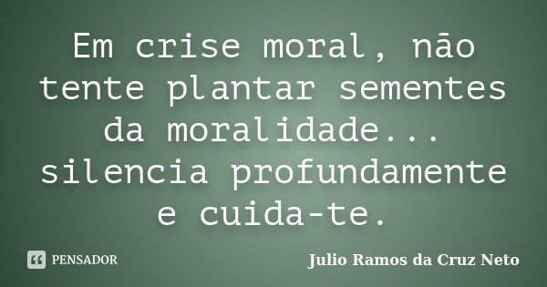 Em crise moral, não tente plantar sementes da moralidade... silencia profundamente e cuida-te.... Frase de Julio Ramos da Cruz Neto.