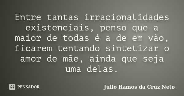 Entre tantas irracionalidades existenciais, penso que a maior de todas é a de em vão, ficarem tentando sintetizar o amor de mãe, ainda que seja uma delas.... Frase de Julio Ramos da Cruz Neto.