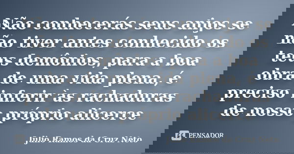 Não conhecerás seus anjos se não tiver antes conhecido os teus demônios, para a boa obra de uma vida plena, é preciso inferir às rachaduras de nosso próprio ali... Frase de Julio Ramos da Cruz Neto.
