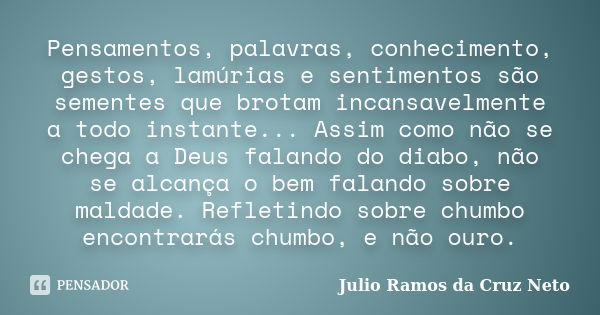 Pensamentos, palavras, conhecimento, gestos, lamúrias e sentimentos são sementes que brotam incansavelmente a todo instante... Assim como não se chega a Deus fa... Frase de Julio Ramos da Cruz Neto.