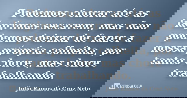 Podemos chorar até as lágrimas secarem, mas não podemos deixar de fazer a nossa própria colheita, por tanto chore, mas chore trabalhando.... Frase de Julio Ramos da Cruz Neto.