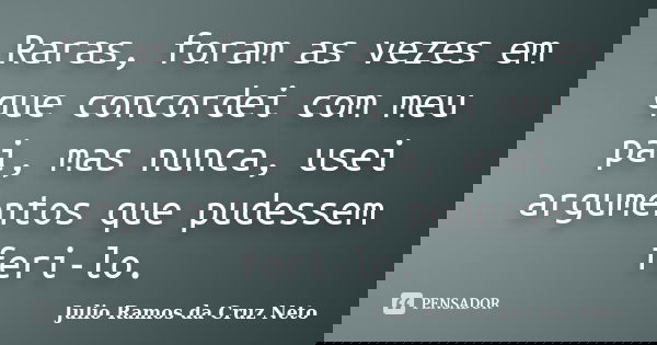 Raras, foram as vezes em que concordei com meu pai, mas nunca, usei argumentos que pudessem feri-lo.... Frase de Julio Ramos da Cruz Neto.