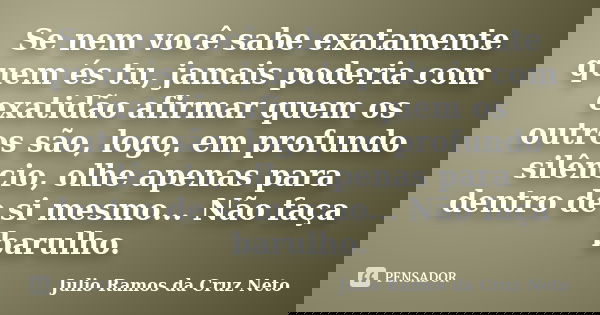 Se nem você sabe exatamente quem és tu, jamais poderia com exatidão afirmar quem os outros são, logo, em profundo silêncio, olhe apenas para dentro de si mesmo.... Frase de Julio Ramos da Cruz Neto.