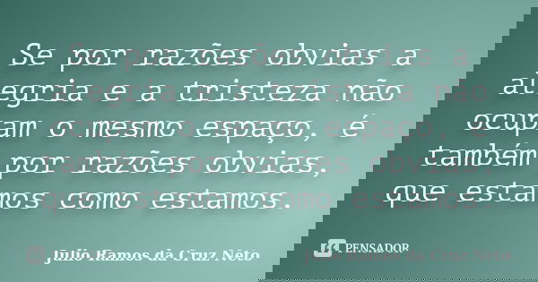 Se por razões obvias a alegria e a tristeza não ocupam o mesmo espaço, é também por razões obvias, que estamos como estamos.... Frase de Julio Ramos da Cruz Neto.