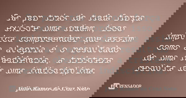 Se por trás de toda força existe uma ordem, isso implica compreender que assim como a alegria é o resultado de uma obediência, a tristeza resulta de uma indisci... Frase de Julio Ramos da Cruz Neto.