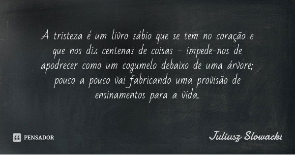 A tristeza é um livro sábio que se tem no coração e que nos diz centenas de coisas - impede-nos de apodrecer como um cogumelo debaixo de uma árvore; pouco a pou... Frase de Juliusz Slowacki.