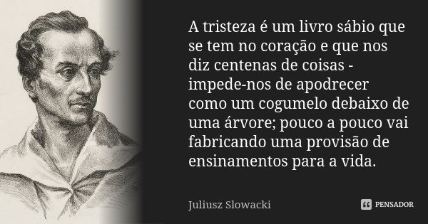 A tristeza é um livro sábio que se tem no coração e que nos diz centenas de coisas - impede-nos de apodrecer como um cogumelo debaixo de uma árvore; pouco a pou... Frase de Juliusz Slowacki.