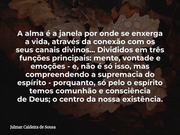 A alma é a janela por onde se enxerga avida, através da conexão com os seus canais divinos... Divididos em três funções principais: mente, vontade e emoções - e... Frase de Julmar Caldeira de Sousa.