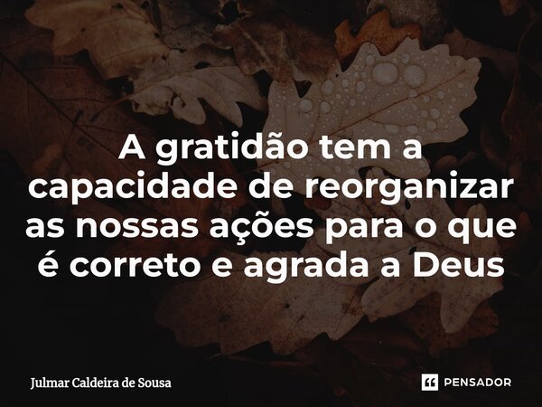 ⁠ A gratidão tem a capacidade de reorganizar as nossas ações para o que é correto e agrada a Deus... Frase de Julmar Caldeira de Sousa.