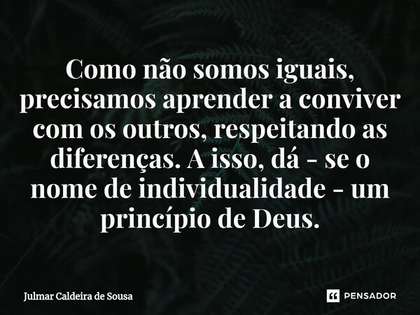 ⁠Como não somos iguais, precisamos aprender a conviver com os outros, respeitando as diferenças. A isso, dá - se o nome de individualidade - um princípio de Deu... Frase de Julmar Caldeira de Sousa.