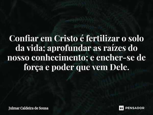 ⁠Confiar em Cristo é fertilizar o solo da vida; aprofundar as raízes do nosso conhecimento; e encher-se de força e poder que vem Dele.... Frase de Julmar Caldeira de Sousa.