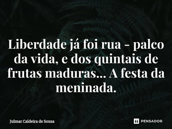 ⁠ Liberdade já foi rua - palco da vida, e dos quintais de frutas maduras... A festa da meninada.... Frase de Julmar Caldeira de Sousa.