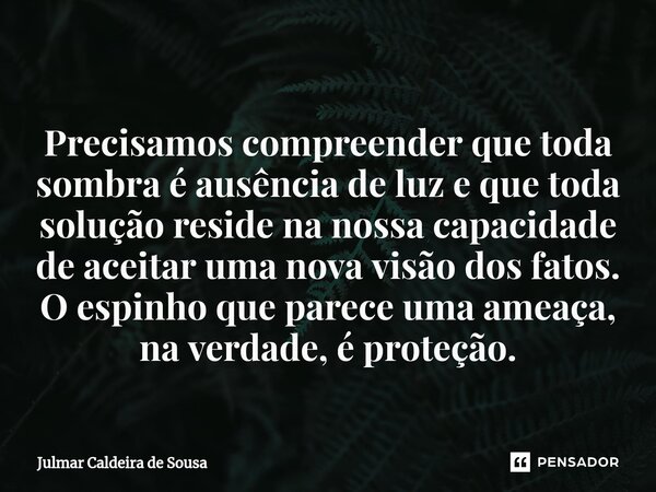 ⁠ Precisamos compreender que toda sombra é ausência de luz e que toda solução reside na nossa capacidade de aceitar uma nova visão dos fatos. O espinho que pare... Frase de Julmar Caldeira de Sousa.