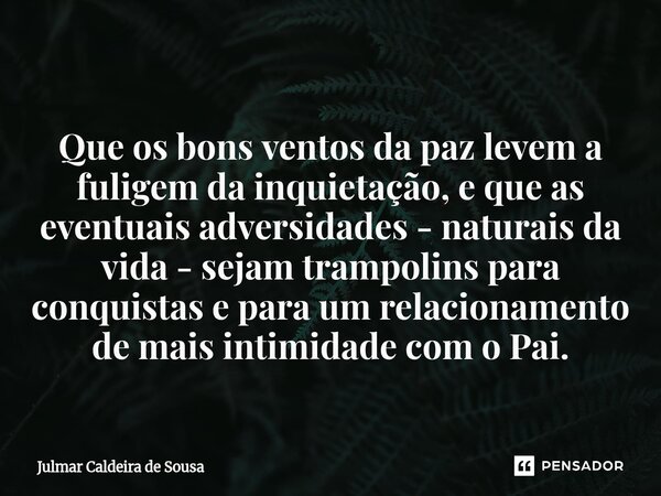  Que os bons ventos da paz levem a fuligem da inquietação, e que as eventuais adversidades - naturais da vida - sejam trampolins para conquistas e para um rela... Frase de Julmar Caldeira de Sousa.