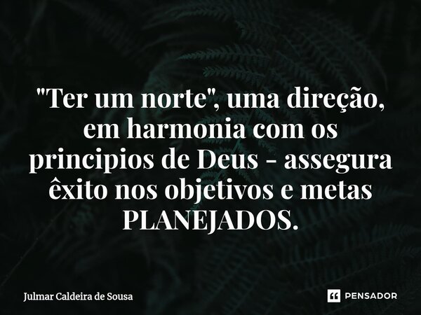 ⁠ "Ter um norte", uma direção, em harmonia com os principios de Deus - assegura êxito nos objetivos e metas PLANEJADOS.... Frase de Julmar Caldeira de Sousa.