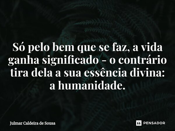 ⁠ Só pelo bem que se faz, a vida ganha significado - o contrário tira dela a sua essência divina: a humanidade.... Frase de Julmar Caldeira de Sousa.