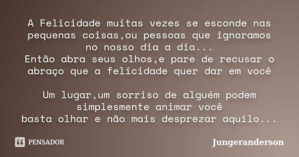 A Felicidade muitas vezes se esconde nas pequenas coisas,ou pessoas que ignoramos no nosso dia a dia... Então abra seus olhos,e pare de recusar o abraço que a f... Frase de Jungeranderson.